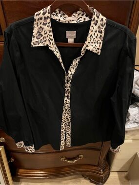 Chico's Black Top with Beige and Black Leopard Trim
